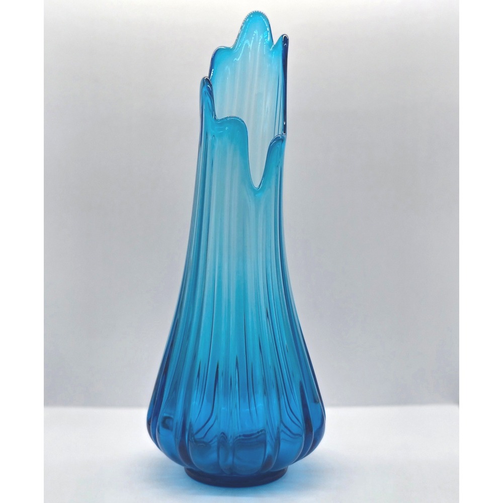 Vintage MCM‎ LE Smith Crystal Blue Swung Glass Ribbed Floor Vase 18 Inch